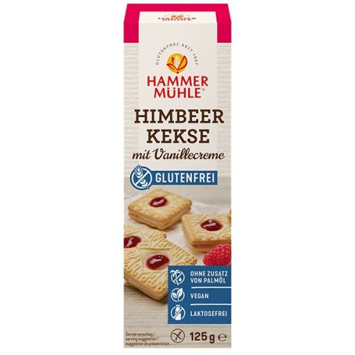 Hammermühle vegán, gluténmentes málnás keksz vaníliás töltelékkel 125 g