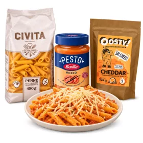   Civita gluténmentes penne 450 g + Barilla gluténmentes Pesto Rosso 200 g + Oosty Cheddar ízű növényi alap mix 332 g csomag